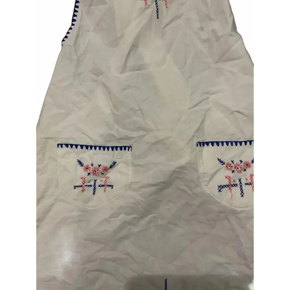 Vintage White Cotton Women's Apron with Blue and Pink Embroidery